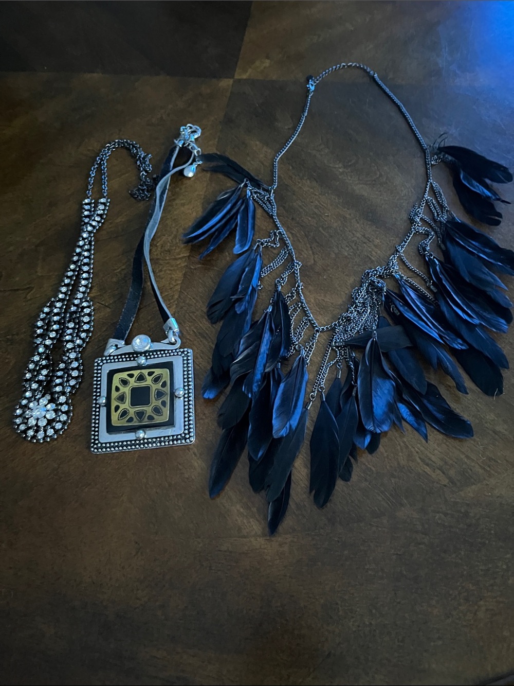 3 Necklaces - Black Feather Statement Necklace & other statement pcs